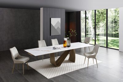 Dining Room Furniture Kitchen Tables and Chairs Sets 9087 Champagne-Bronze Table with 1239 swivel Beige Champagne chairs